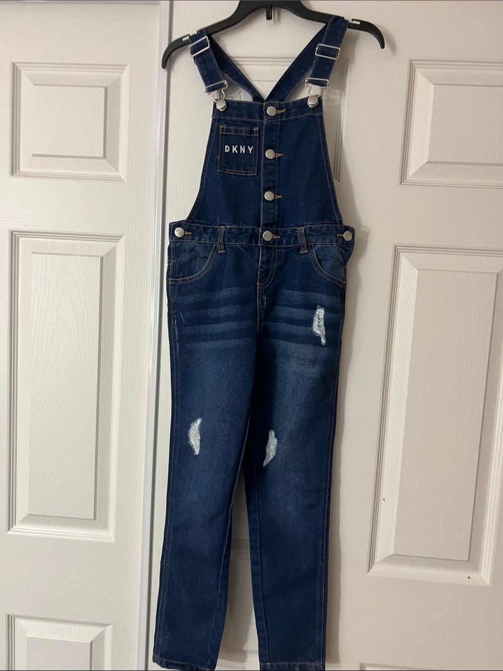 DKNY Indigo Blue Distressed Denim Overalls